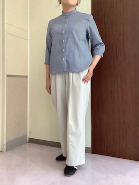 「TOKYO SHIRTS（トウキョウシャツ）の【Pitta Re:)】ふわっとガーゼシャツ レギュラーシルエット 七分袖 綿100% レディース カジュアルシャツ（シャツ/ブラウス、ブルー系）」を使った、TOKYOSHIRTS札幌平岡店さん（メンズ・179cm）の夏コーディネート
