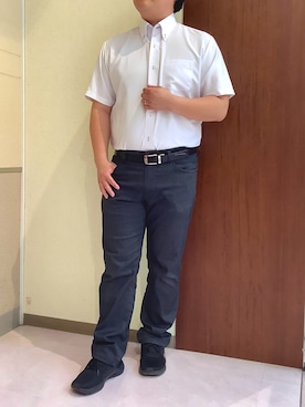 「TOKYO SHIRTS（トウキョウシャツ）の【COFREX】 形態安定ノンアイロン ボタンダウン 半袖ビジネスワイシャツ（ビジネスシャツ、パープル系）」を使った、TOKYOSHIRTS札幌平岡店さん（メンズ・179cm）の夏コーディネート