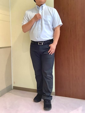 「TOKYO SHIRTS（トウキョウシャツ）の【吸水速乾】【COFREX】形態安定ノンアイロン ボタンダウン 半袖ビジネスワイシャツ（ビジネスシャツ、ブルー系）」を使った、TOKYOSHIRTS札幌平岡店さん（メンズ・179cm）の夏コーディネート