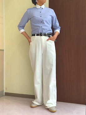 「TOKYO SHIRTS（トウキョウシャツ）の【透け防止】 形態安定ノンアイロン ワイド 7分袖ビジネスワイシャツ（ビジネスシャツ、ブルー系）」を使った、TOKYOSHIRTS札幌平岡店さん（メンズ・179cm）の夏コーディネート