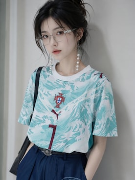 「TIJNのアイテム（メガネ、グリーン系）」を使った、TIJN さん（レディース・165cm）の夏コーディネート