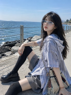 「TIJNのアイテム（メガネ、ブルー系）」を使った、TIJN さん（レディース・165cm）の夏コーディネート