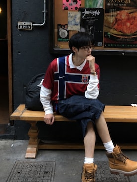 「TIJNのアイテム（メガネ、レッド系）」を使った、TIJN さん（レディース・165cm）の夏コーディネート