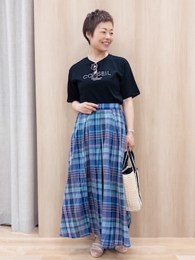 「grove（グローブ）の【UVカット/接触冷感】プリントアソート5分袖Tシャツ（Tシャツ/カットソー、ブラック系）」を使った、rk03170613さん（レディース・161cm）の春コーディネート