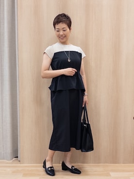 「grove（グローブ）の【低身長さんも選べる着丈・洗濯機◎】1枚で旬顔！Tシャツドッキングドロストワンピース（ワンピース、ブラック系）」を使った、rk03170613さん（レディース・161cm）の夏コーディネート