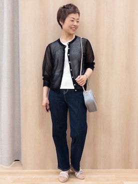 「grove（グローブ）の【洗える/名品】大人の透け感、シアーカーディガン（カーディガン/ボレロ、ブラック系）」を使った、rk03170613さん（レディース・161cm）の春コーディネート