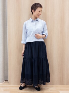 「grove（グローブ）の【貴島明日香さん着用／イージーケア／接触冷感】麻ブレンドクロップドシャツ（シャツ/ブラウス、ブルー系）」を使った、rk03170613さん（レディース・161cm）の春コーディネート