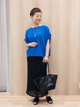 「grove（グローブ）の【持続冷感・体型カバー】サテンパイピングドルマンカットソー（Tシャツ/カットソー、ブルー系）」を使った、rk03170613さん（レディース・161cm）の夏コーディネート