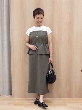 「grove（グローブ）の【低身長さんも選べる着丈・洗濯機◎】1枚で旬顔！Tシャツドッキングドロストワンピース（ワンピース、ブラウン系）」を使った、rk03170613さん（レディース・161cm）の夏コーディネート