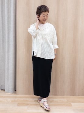「grove（グローブ）の【貴島明日香さん着用/洗える】大人のストライプ フーディシャツ（シャツ/ブラウス、ベージュ系）」を使った、rk03170613さん（レディース・161cm）の春コーディネート