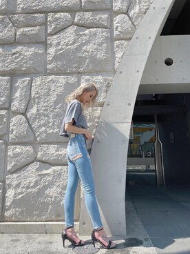 「GYDA（ジェイダ）のW BACK RIPPEDスキニーデニムパンツ（デニムパンツ）」を使った、yumikoさん（レディース・170cm）の夏コーディネート