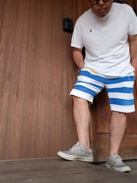 「アイテム（スリッポン、ホワイト系）」を使った、brigekさん（メンズ・165cm）の夏コーディネート