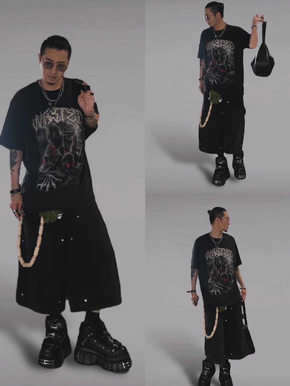 「ロゴT、フェススタイル、古着MIX、夏コーデ、休日スタイル、革靴、ブラック、ブラックコーデ、ストリート、SK8、ハーフパンツ、ロック、ロックT」｜「WASTED PARISのストリートブランド WASTED PARIS ウェイステッド パリス T-SHIRT UNDEAD オーバーサイズ 半袖トップス 半袖Tシャツ ロゴTシャツ プリントTシャツ ストリートファッション スケーターブランド（Tシャツ/カットソー、グレー系）」を使った、WATASABUさん（メンズ・165cm）の夏コーディネートの1枚目の写真