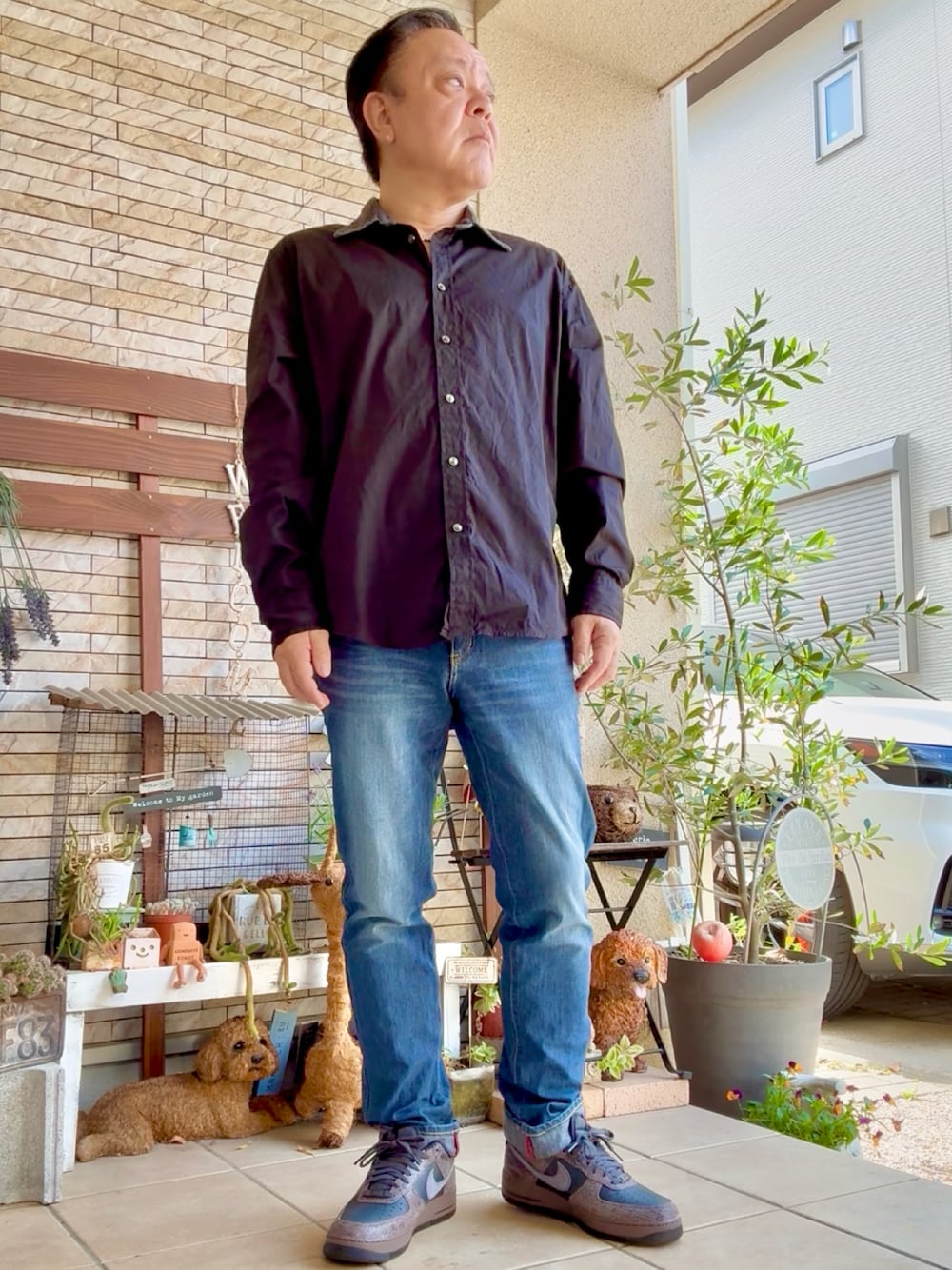 「オトナカジュアル、DIESEL、NIKE、スニーカー、今日のコーデ、EDWINジャージーズ、ロッキー１７歳長男」｜「NIKEのエアフォース1.07-LV8スネーク（スニーカー、グレー系）」を使った、かつさん（メンズ・174cm）の春コーディネートの1枚目の写真