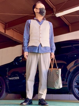 「H&M（エイチ・アンド・エム）のアイテム（ベスト、ベージュ系）」を使った、かつさん（メンズ・174cm）の春コーディネート