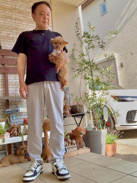 「郵便局コラボイギーのアイテム（Tシャツ/カットソー、ブラック系）」を使った、かつさん（メンズ・174cm）の夏コーディネート