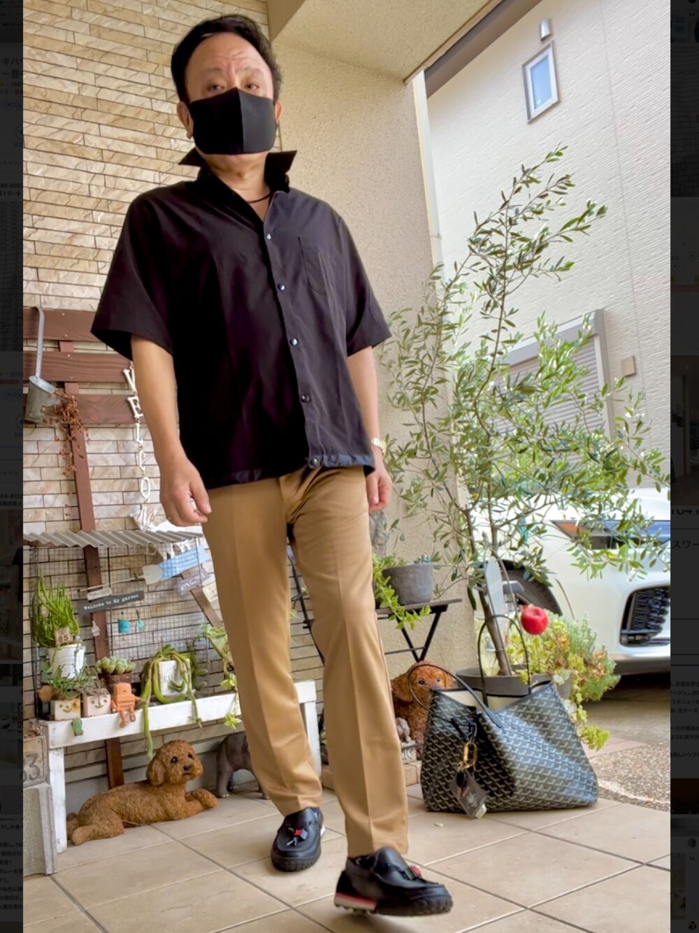 「夏コーデ、LOUIS  VUITTON、ARMANIEXCHANGE、jurnalstandard、GOYARD、ナイロンジャケット」｜「ARMANI EXCHANGEのアイテム（シャツ/ブラウス、ブラック系）」を使った、かつさん（メンズ・174cm）の秋コーディネートの1枚目の写真