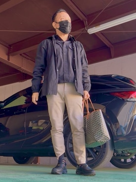 「COLONY 2139（コロニートゥーワンスリーナイン）のナローピーチウエスタンショートシャツ（シャツ/ブラウス、ブラック系）」を使った、かつさん（メンズ・174cm）の春コーディネート