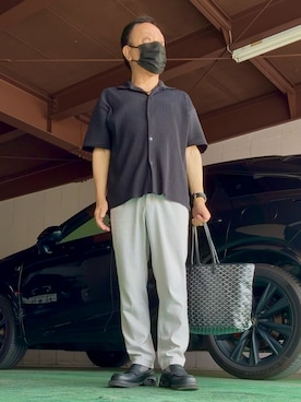 「HARE（ハレ）のビルディングソールフュージョンローファー(HARE)（ローファー、ブラック系）」を使った、かつさん（メンズ・174cm）の夏コーディネート