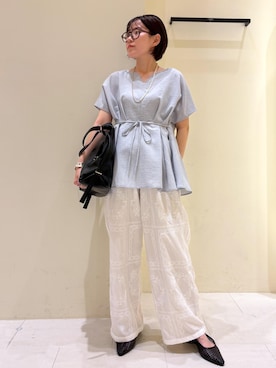 「ROPE' PICNIC（ロペピクニック）のスクエア刺繍イージーワイドパンツ（その他パンツ、ホワイト系）」を使った、Sumi.さん（レディース・152cm）の夏コーディネート