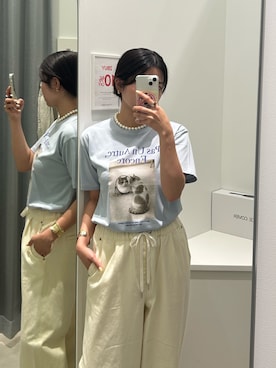 「fredy emue（フレディエミュ）の【UVカット/接触冷感】CATフォトＴシャツ（Tシャツ/カットソー、ブルー系）」を使った、そらさん（レディース・160cm）の夏コーディネート