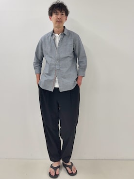「NOLLEY’S（ノーリーズ）の綿麻パラシュートボタン7分袖シャツ 26SS（シャツ/ブラウス、ブルー系）」を使った、Nicolas Tanakaさん（メンズ・181cm）の春コーディネート