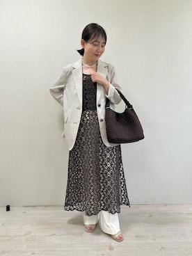 「NOLLEY’S Sophi（ノーリーズソフィ）の《セットアップ対応》ウォッシャブルリネンライクシアーボイルジャケット（テーラードジャケット、ベージュ系）」を使った、sachirinさん（レディース・153cm）の春コーディネート