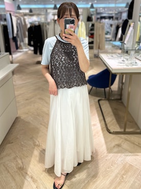 「NOLLEY’S Sophi（ノーリーズソフィ）の《手洗い可能》W&Wショート丈Tシャツ（Tシャツ/カットソー、ブルー系）」を使った、sachirinさん（レディース・153cm）の春コーディネート