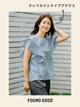 「FOUND GOOD（ファウンドグッド）のラッフルストライプブラウス（シャツ/ブラウス）」を使った、FOUND GOODさん（レディース・167cm）の春コーディネート