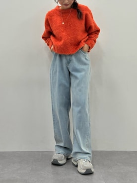 「nissen（ニッセン）のウエスト裏ゴムボックスストレッチストレートデニムパンツ（パンツ、ブルー系）」を使った、うゆさん（レディース・149cm）の秋コーディネート