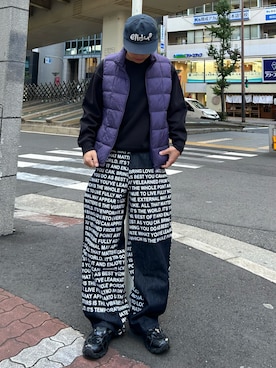 「アイテム（帽子、ブルー系）」を使った、Shimoさん（メンズ・169cm）の冬コーディネート