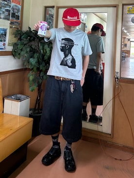 「FREAK'S STORE（フリークスストア）の限定展開 MR HEARTS/ミスターハーツ VINTAGE WASHED DENIM JORTS（デニムパンツ）」を使った、Shimoさん（メンズ・169cm）の夏コーディネート