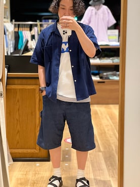 「coen（コーエン）のペインターイージーショーツ（チノパンツ、ブルー系）」を使った、coen   いけださん（メンズ・168cm）の夏コーディネート