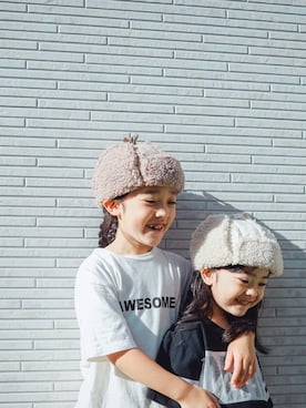「MAKE YOUR DAY（メイクユアデイ）のパイロットキャップ（キャップ、ベージュ系）」を使った、ton103wearさん（キッズ・110cm）の秋コーディネート