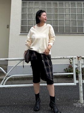 「GALLARDAGALANTE（ガリャルダガランテ）の総針レイヤードニット（ニット/セーター、ホワイト系）」を使った、rui さん（レディース・161cm）の秋コーディネート