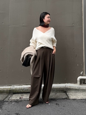 「GALLARDAGALANTE（ガリャルダガランテ）の梳毛ライクカーブスラックス（その他パンツ、ブラウン系）」を使った、rui さん（レディース・161cm）の秋コーディネート