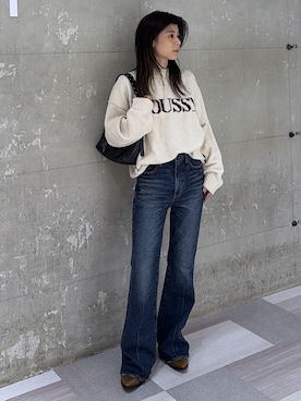 「MOUSSY（マウジー）の【ZOZO・一部店舗限定】MOLE MOUSSY LOGO KNIT（ニット/セーター、ホワイト系）」を使った、入江 葵さん（レディース・148cm）の秋コーディネート