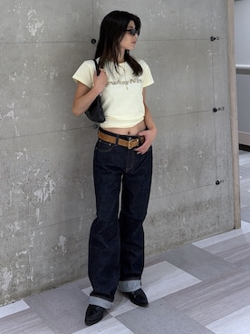 「MOUSSY（マウジー）のLOWKEY NICE BLING Tシャツ（Tシャツ/カットソー、イエロー系）」を使った、入江 葵さん（レディース・148cm）の夏コーディネート