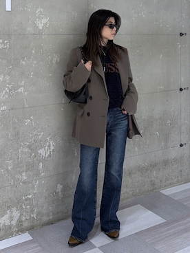 「MOUSSY（マウジー）の【ZOZO・一部店舗限定】MOLE MOUSSY LOGO KNIT（ニット/セーター、ブルー系）」を使った、入江 葵さん（レディース・148cm）の秋コーディネート