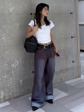 「MOUSSY（マウジー）の【26年AW新作】CHAIN SHOULDER BUCKET バッグ（ショルダーバッグ、ブラック系）」を使った、入江 葵さん（レディース・148cm）の夏コーディネート