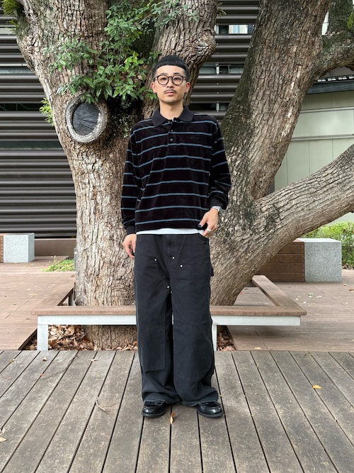 BEAMS ポロシャツ ワイドフィット ベロア ボーダー メンズ