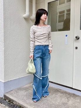 「Kastane（カスタネ）の【無地&ボーダー】オフショルリブtee（Tシャツ/カットソー、ホワイト系）」を使った、sakuさん（レディース・160cm）の夏コーディネート
