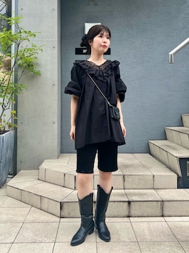 「Kastane（カスタネ）の【WEB先行】フリルボリュームミニワンピース（ワンピース、ブラック系）」を使った、sakuさん（レディース・160cm）の夏コーディネート