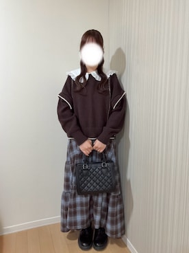 「LOWRYS FARM（ローリーズファーム）の２ＷＡＹハイショクステッチプルオーバー 452238（ニット/セーター、ブラウン系）」を使った、ﾖｲﾁｮまる。さん（レディース・151cm）の秋コーディネート