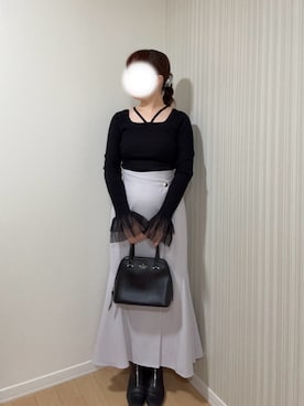 「HARE（ハレ）のソデチュールレイヤータイトニットトップス(HARE)（ニット/セーター、ブラック系）」を使った、ﾖｲﾁｮまる。さん（レディース・151cm）の秋コーディネート