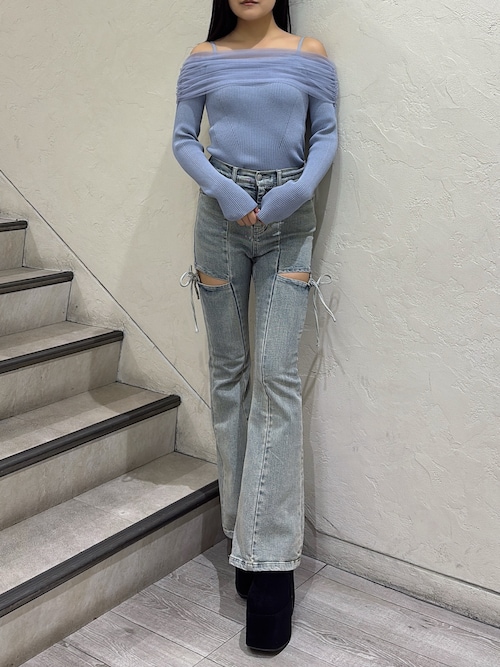 バックリボンオフショルニットトップス