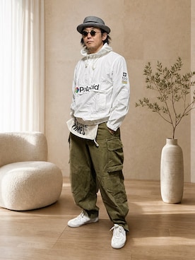 「MILITARY（ミリタリー）のアイテム（カーゴパンツ、グリーン系）」を使った、sunrisesea⭐︎文左衛門さん（メンズ・172cm）の秋コーディネート