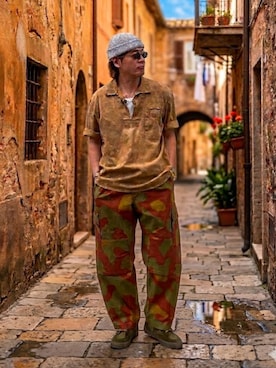 「MILITARY（ミリタリー）のアイテム（カーゴパンツ、ブラウン系）」を使った、sunrisesea⭐︎文左衛門さん（メンズ・172cm）の夏コーディネート