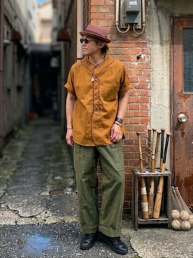 「Nigel Cabourn（ナイジェルケーボン）のアイテム（その他トップス、ブラウン系）」を使った、sunrisesea⭐︎文左衛門さん（メンズ・172cm）の夏コーディネート