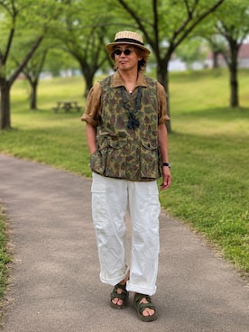 「Nigel Cabourn（ナイジェルケーボン）のアイテム（ベスト、ベージュ系）」を使った、sunrisesea⭐︎文左衛門さん（メンズ・172cm）の夏コーディネート